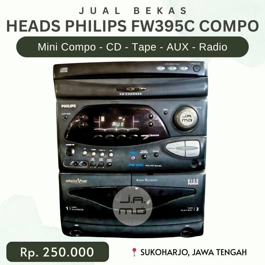 Philips FW395C Mini Compo CD/Kaset/AUX – Head / Unit Utama Saja (Tanpa Speaker) Bekas