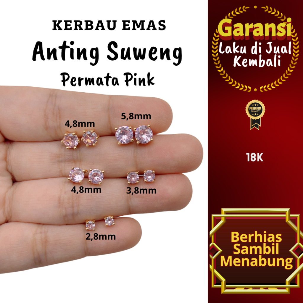 S 1058 Kerbau Emas Anting Suweng Permata Pink Warna 18K