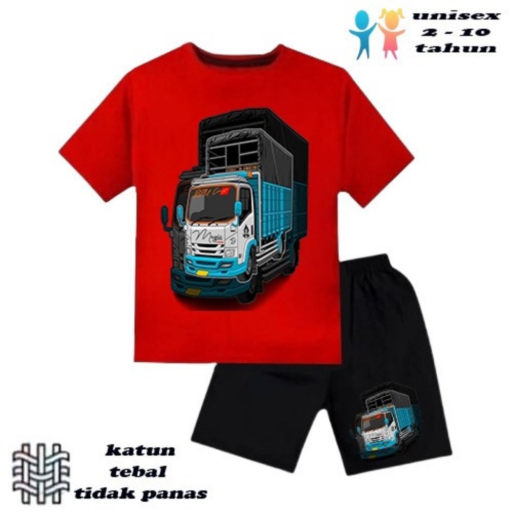 setelan baju anak laki-laki perempuan baju kaos anak laki-laki perempuan motif mobil truk oleng umur
