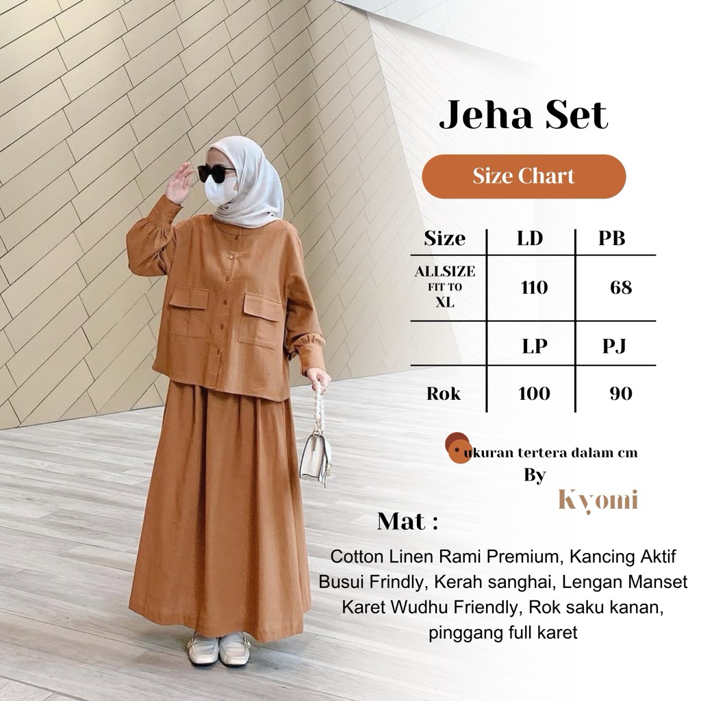 Jeha Set Katun Linen Rami Premium By Kyomi-Setelan Baju Rok Polos-Set 2in1 Setelan Wanita Kekinian K
