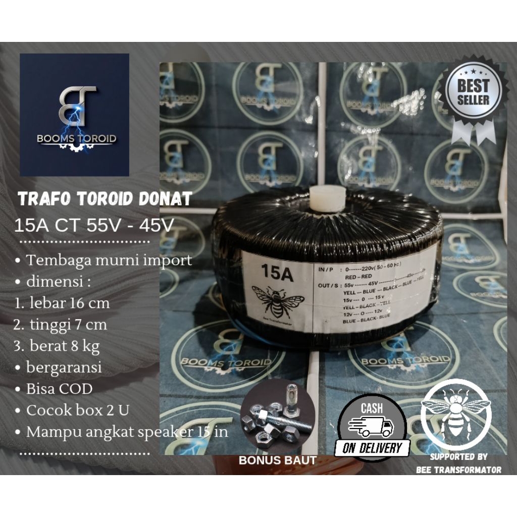 trafo toroid donat 15A CT 55V - 45V murni