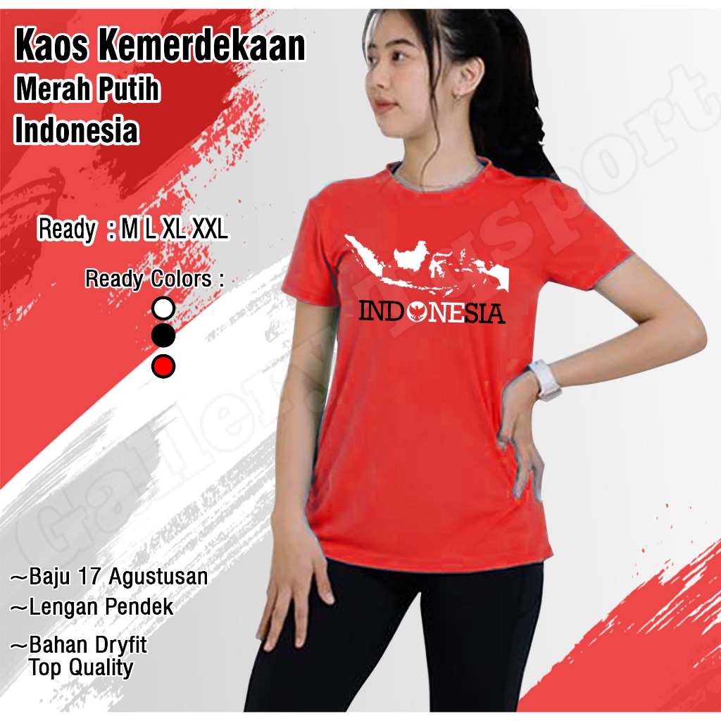 Baju Kaos Kemerdekaan 17 Agustus Atasan Dryfit Fitnes Gym Training Wanita Merah Putih Garuda Indones