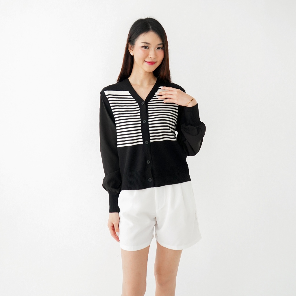 QUEENTIN Cardigan Wanita Rajut 6872 Mix Knit Motif Salur Kombinasi Sifon Polos Lengan Panjang