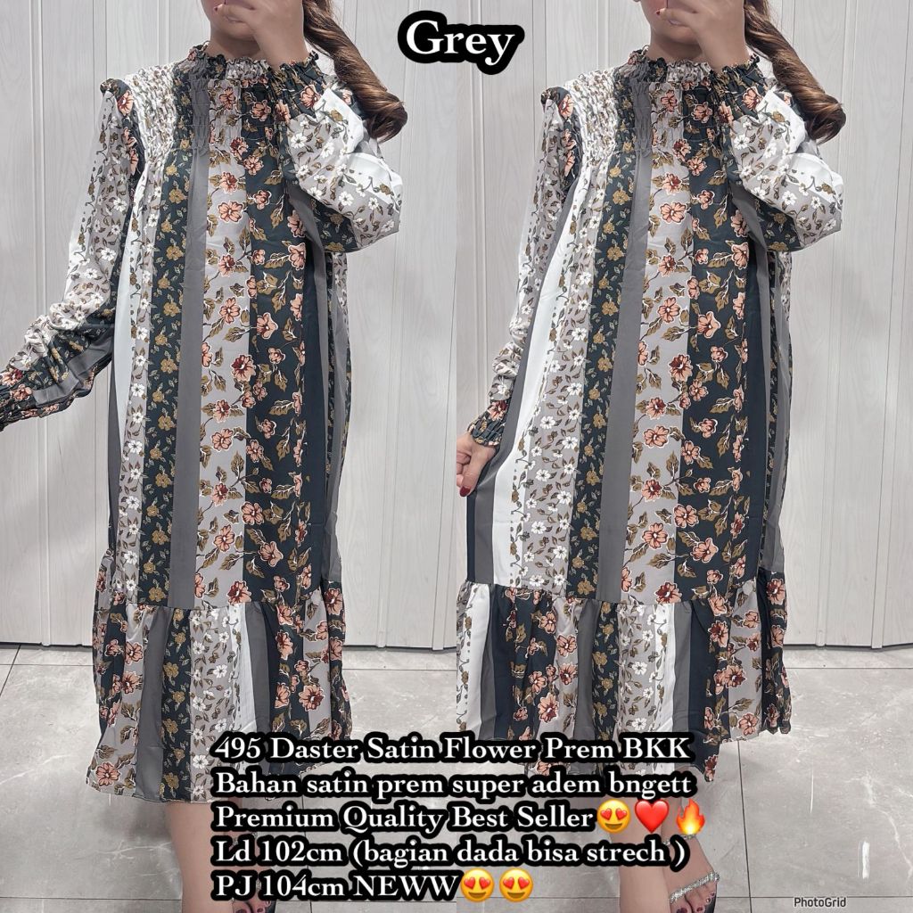 495 DRESS SATIN FLOWER GREY