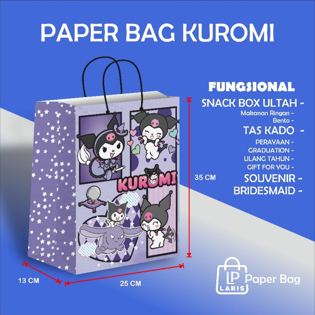 

Grosir/Satuan Paperbag Ulang Tahun Motif Kuromi Ukuran 25×13×35 cm