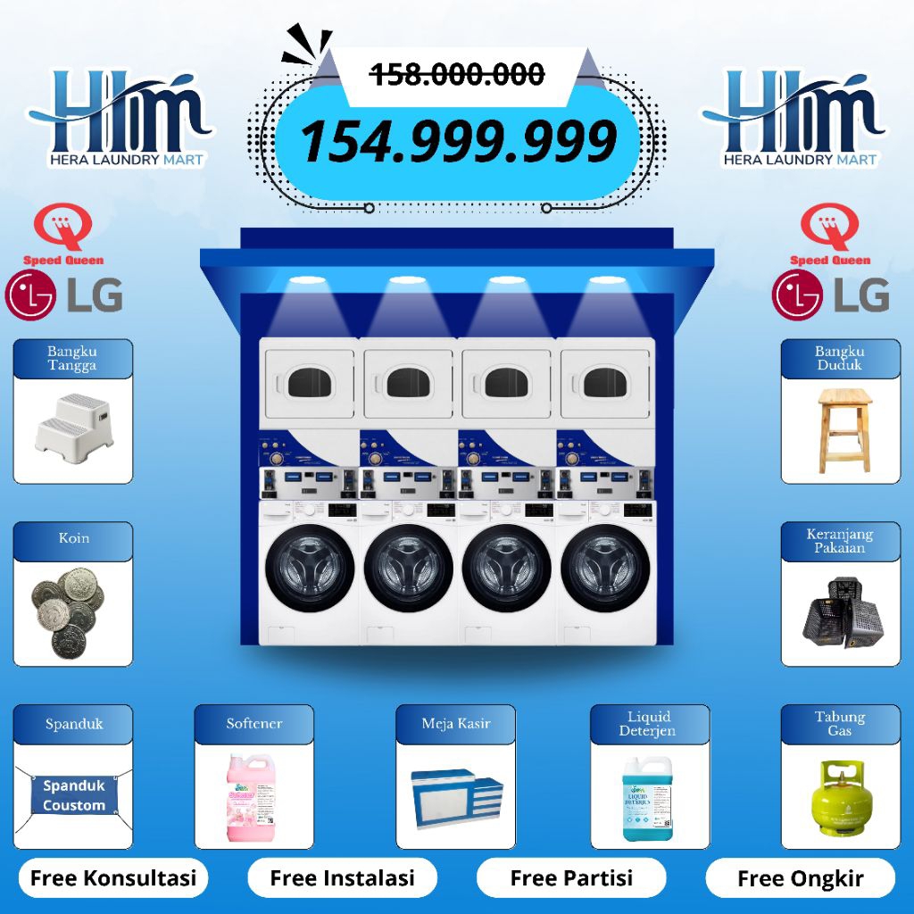 PAKET USAHA LAUNDRY 15 KG KOIN DAN QRIS 4 STACK (4 PASANG) LENGKAP MURAH