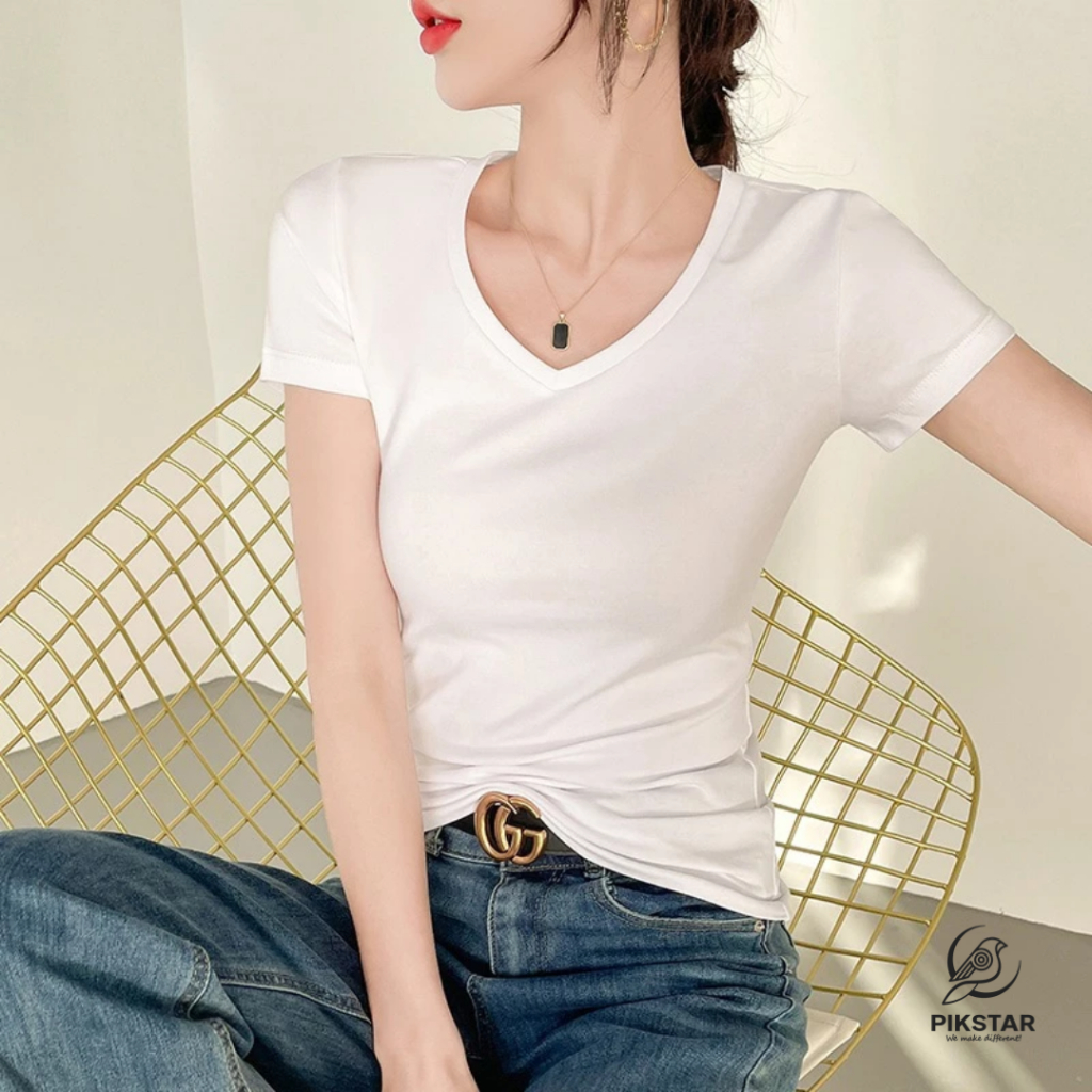 DISKON PIKSTAR KAOS POLOS V-NECK SLIM WANITA T SHIRT, V NECK PREMIUM KATUN TSHIRT NYAMAN