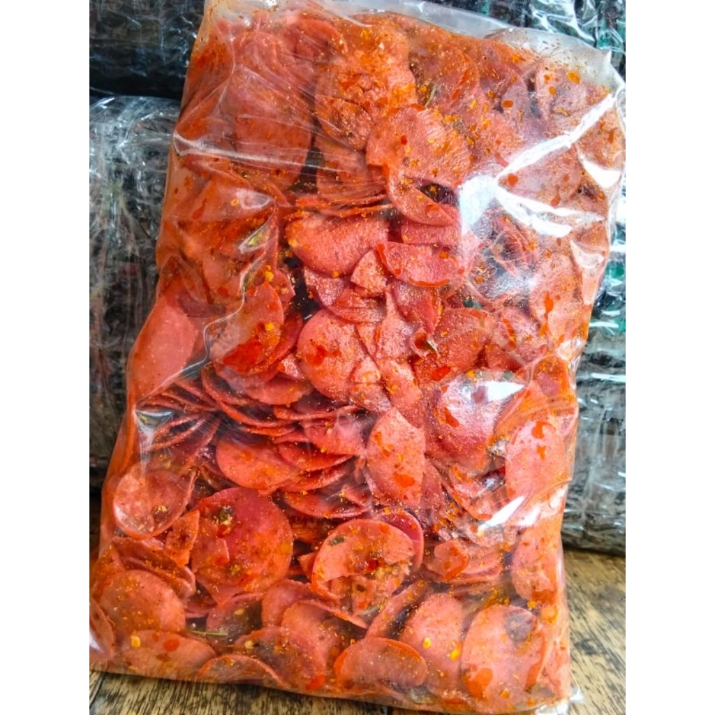 

Sosreng sosis gore kripik sosis kering bungbu pedas daun jeruk isi 1000.gram