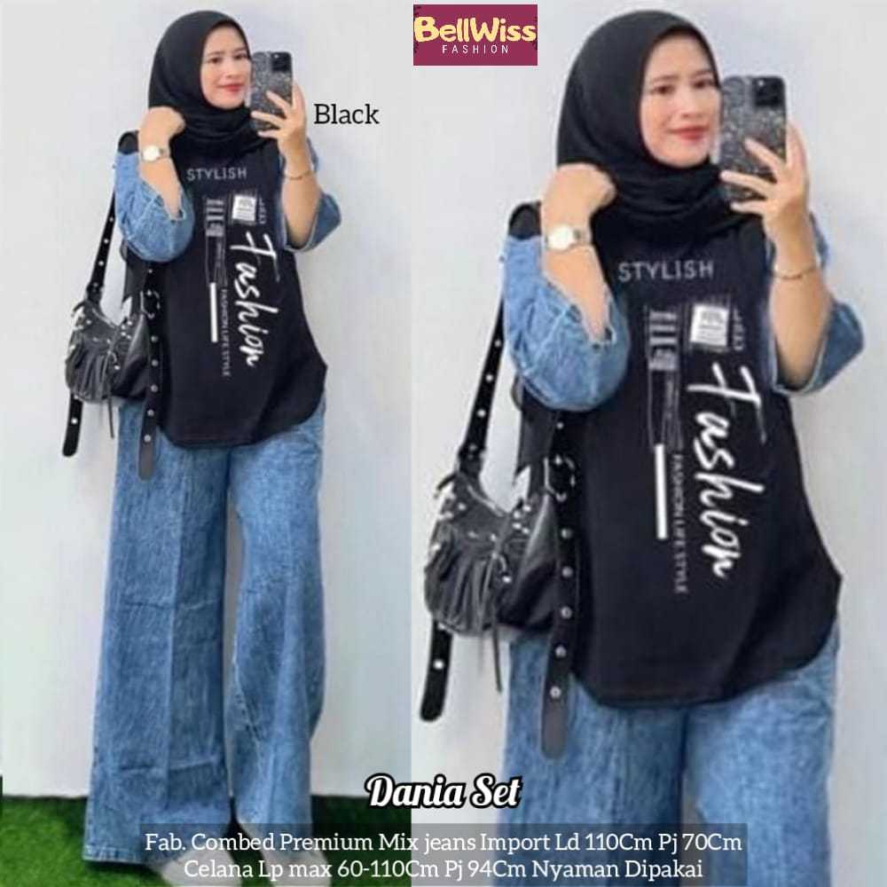 Dania Set Setelan Kaos Lengan Jeans dan Celana Kulot Import