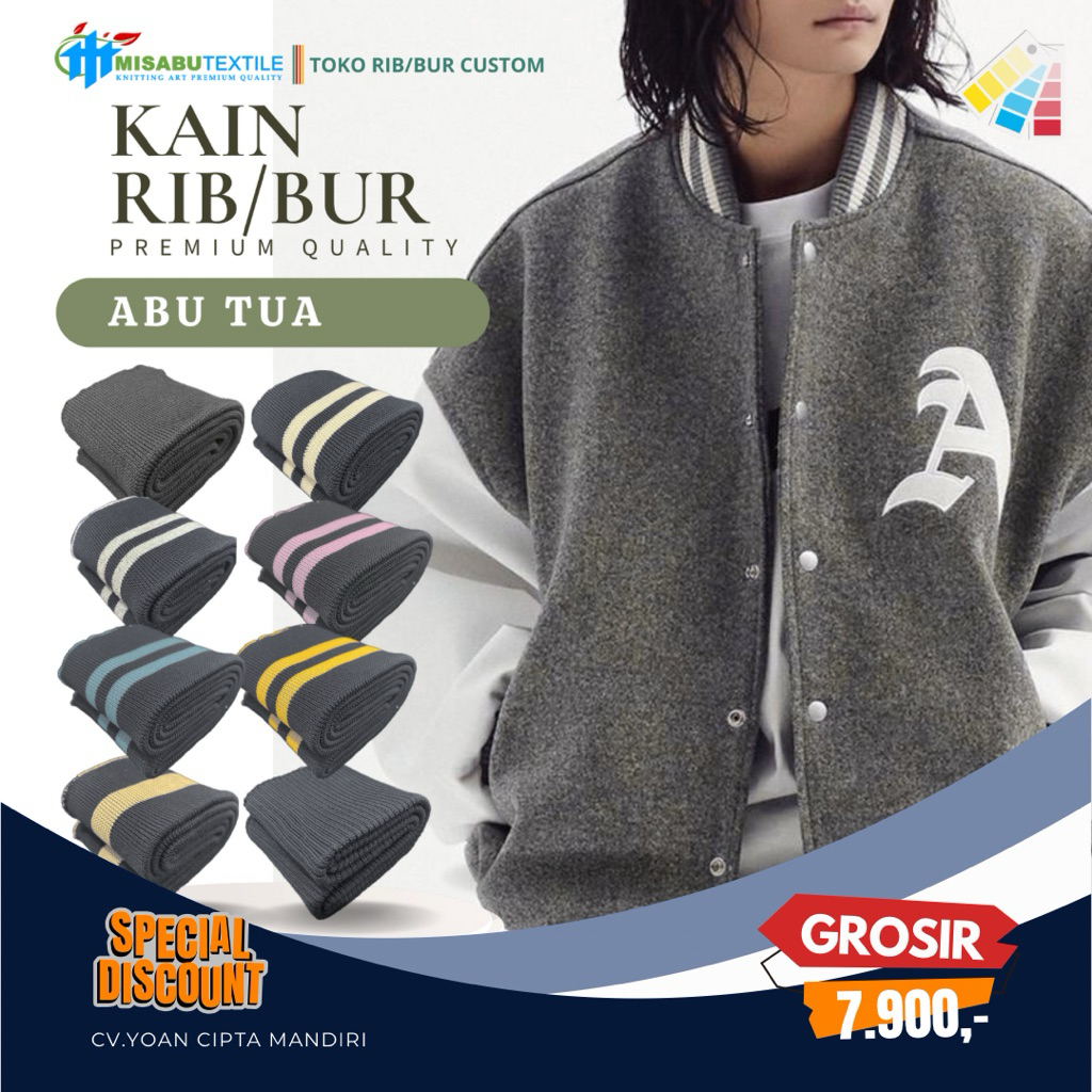 Kain rib bur abu tua polyester premium rajut 1x1 lebar kain 90cm