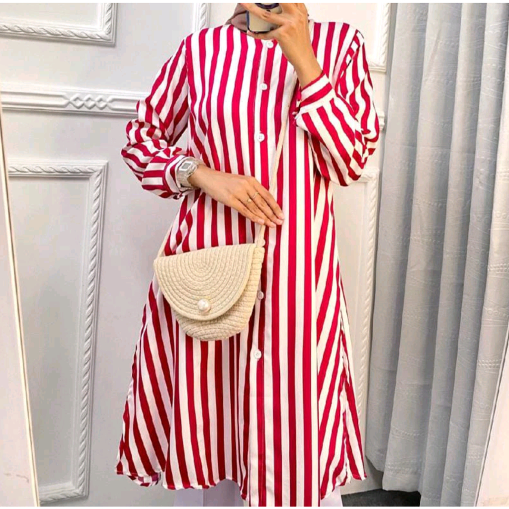 Tunik Wanita Motif Salur Lengan Panjang Formal