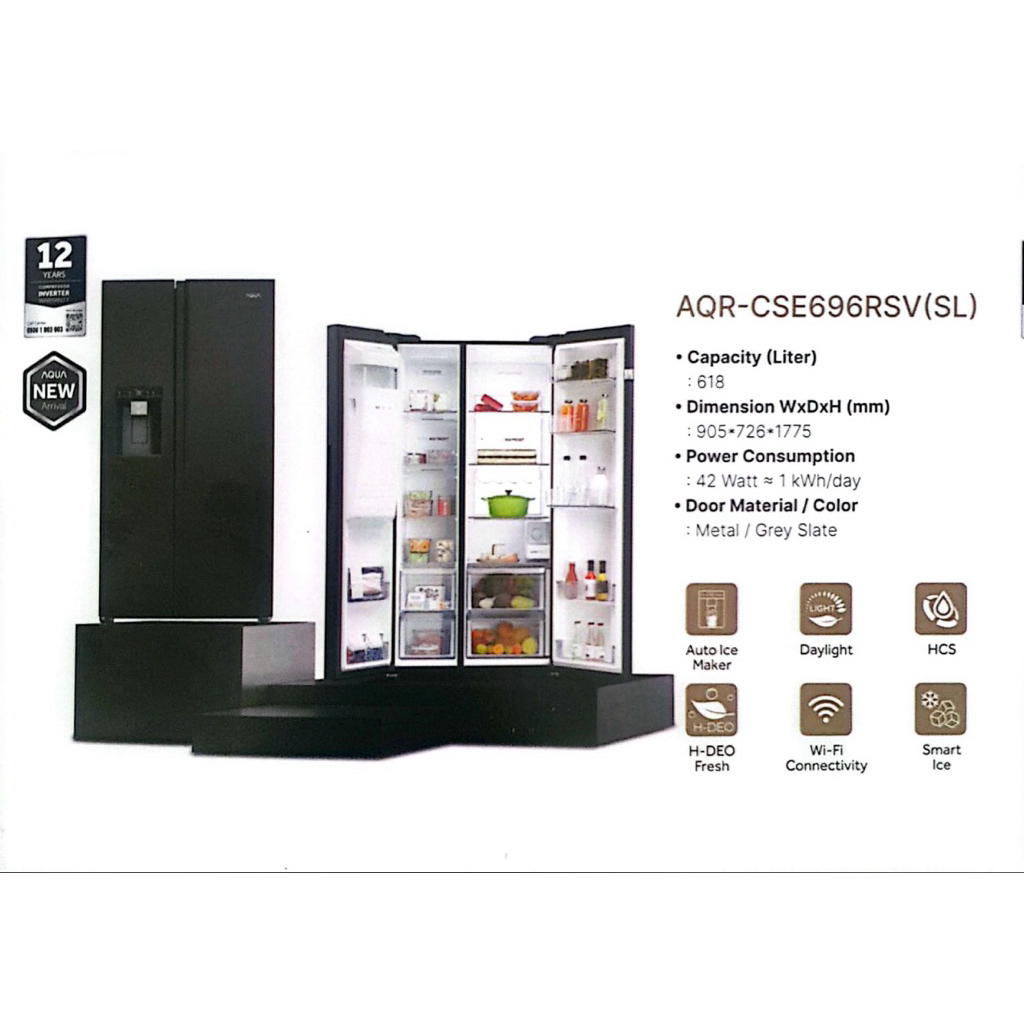 NEW  AQUA Kulkas Side By Side AQR-CSE696RSV Kulkas 2 Pintu Aqua Smart Ice Dispenser