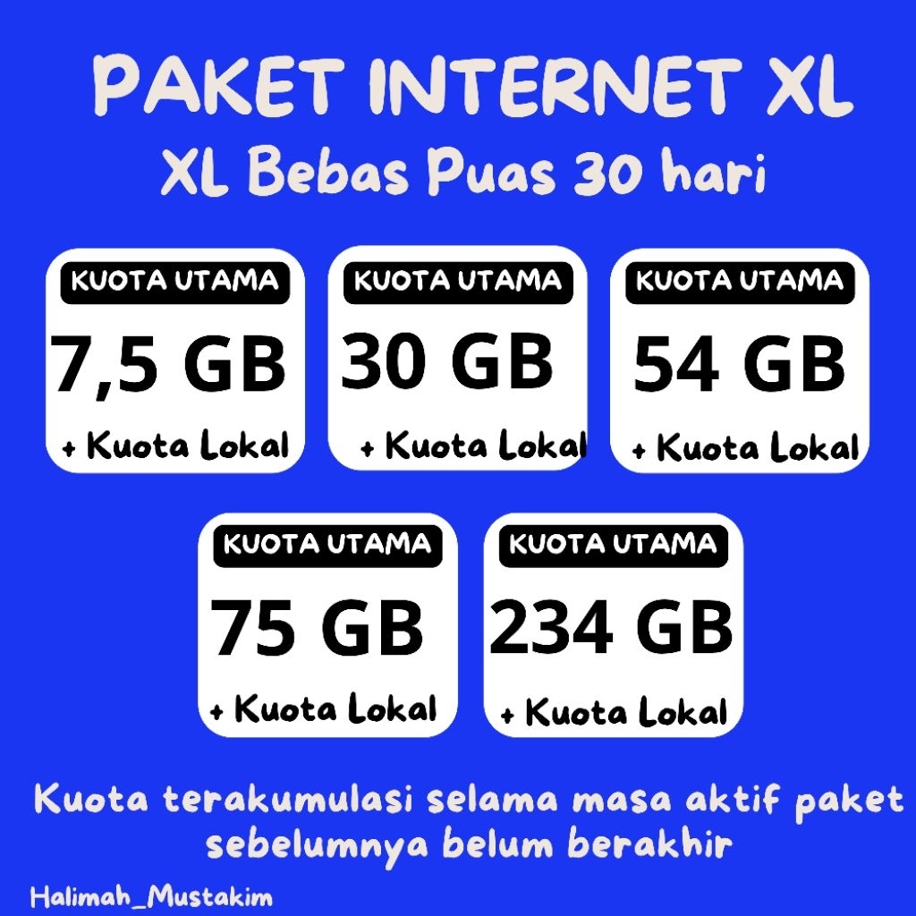 Paket Murah dan Hemat Data Internet XL Bebas Puas  + kuota lokal 30 hari | Kuota nasional full 24 ja