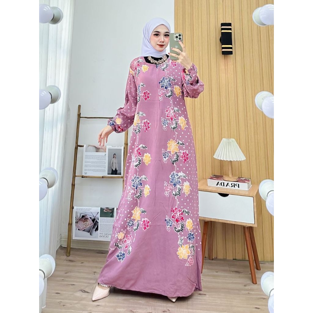 Gamis Batik Encim Adem Nyaman Panjang Muslimah-Pink Titik