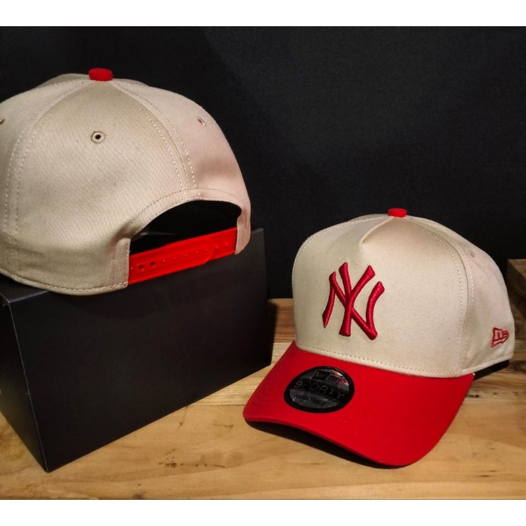 Topi Baseball Premium  Kombinasi Cream Merah Bordir NY Depan Pinggir Grade miror