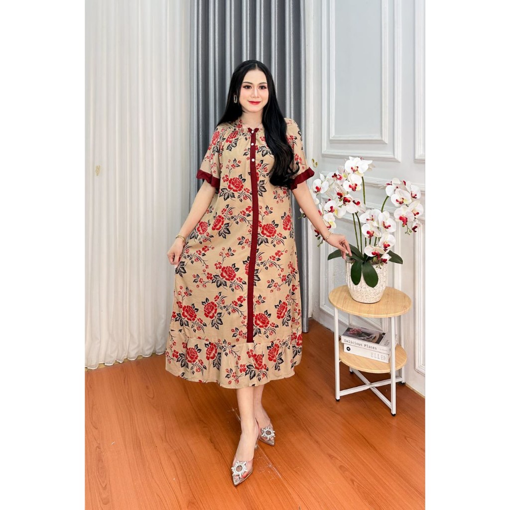 FUJIKA DRESS BUSUI REMPEL MOTIF BUNGA MAWAR KANCING DEPAN KARET REMPEL UKURAN BIGSIZE LD 120 CM PB 1