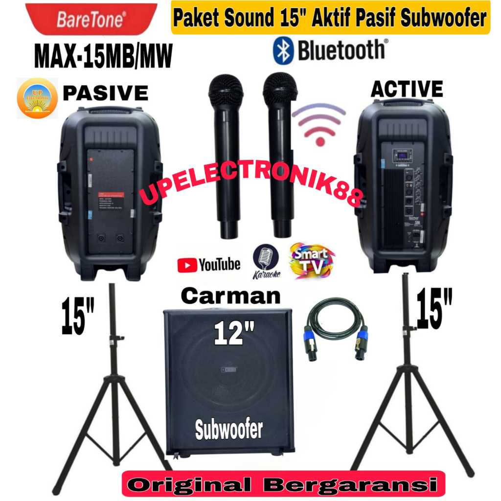 Promo Paket Sound System Speaker Aktif Pasif 15 Inch Baretone Max15mb/Max15mw+Subwoofer Crimson 12 I