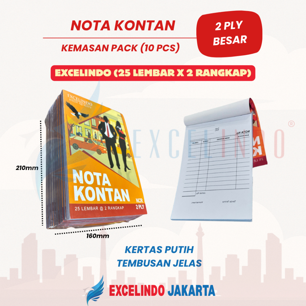 

(1 PACK/10 BUKU) Excelindo Nota Kontan 2 ply NCR UKURAN BESAR (160mm*210mm)