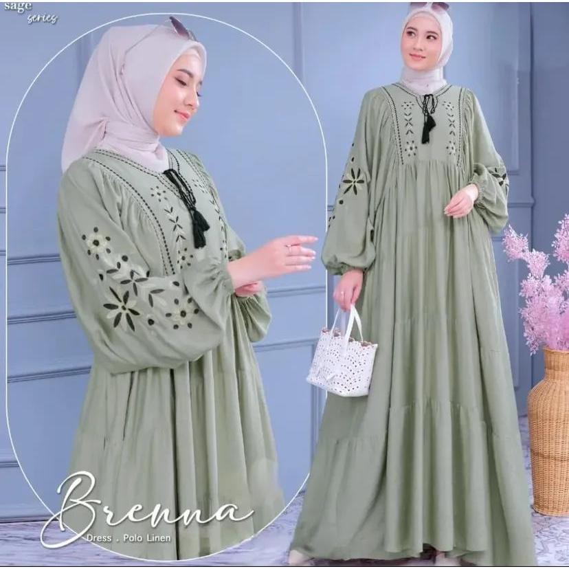 Brenna Dress Baju Gamis Bordir Lengan Balon M L XL Model Terbaru 2026  Bisa COD