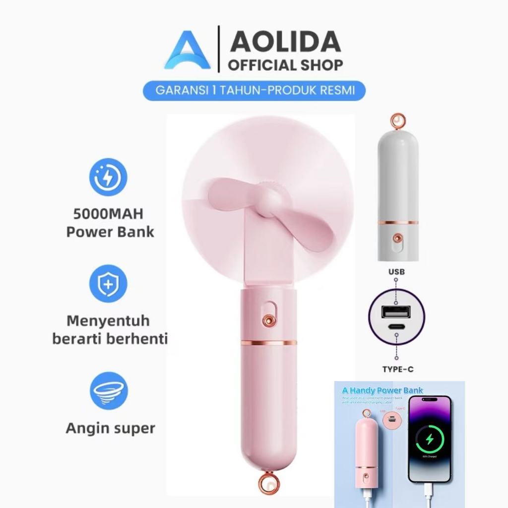 AOLIDA Kipas Angin Portable 5000mAh - Merah Muda, Putih, Krem dengan Teknologi Bass Low-Noise dan Powerbank
