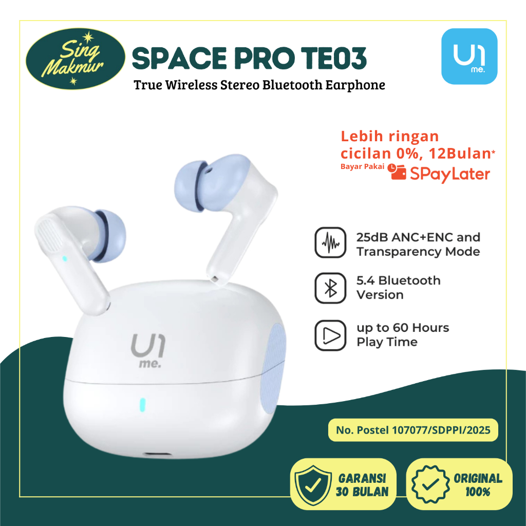 U1me Earphone TE03 Space Pro TWS Bluetooth 5.4 ANC Mode, Transparency Mode, Music Mode, Game Mode