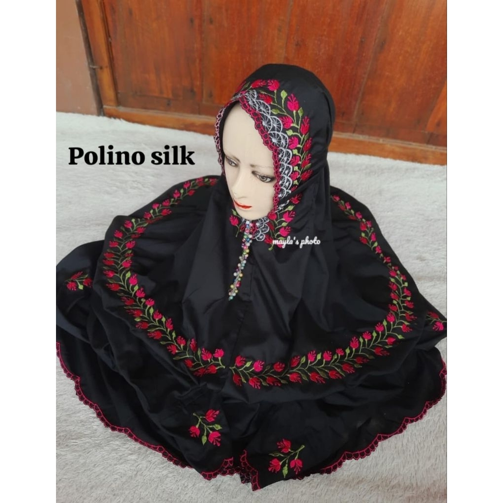 MUKENA TERUSAN POLINO WARNA HITAM BORDIR TULIP KALUNG TERBARU