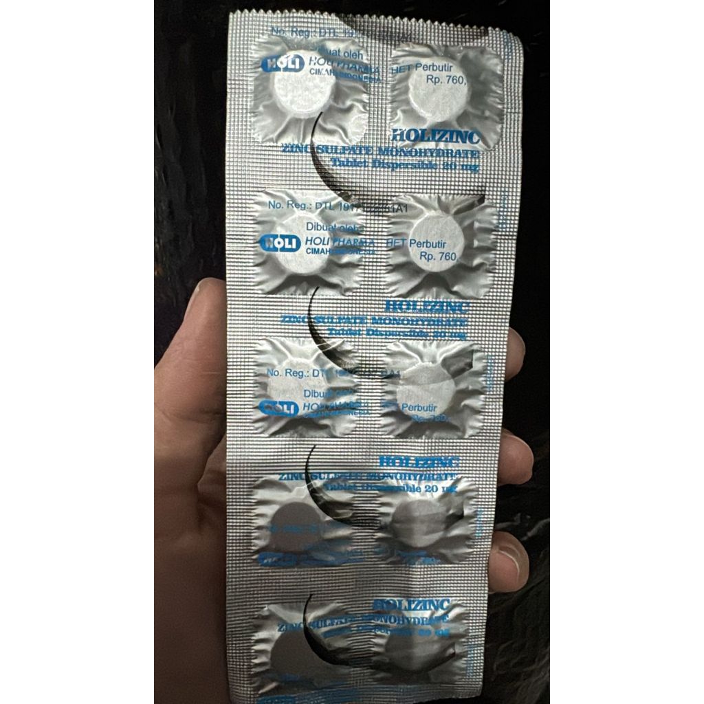HoliZinc Zinc Sulfate Monohydrate Tablet 20mg [Strip / 10 Tab ] - Suplemen Diare