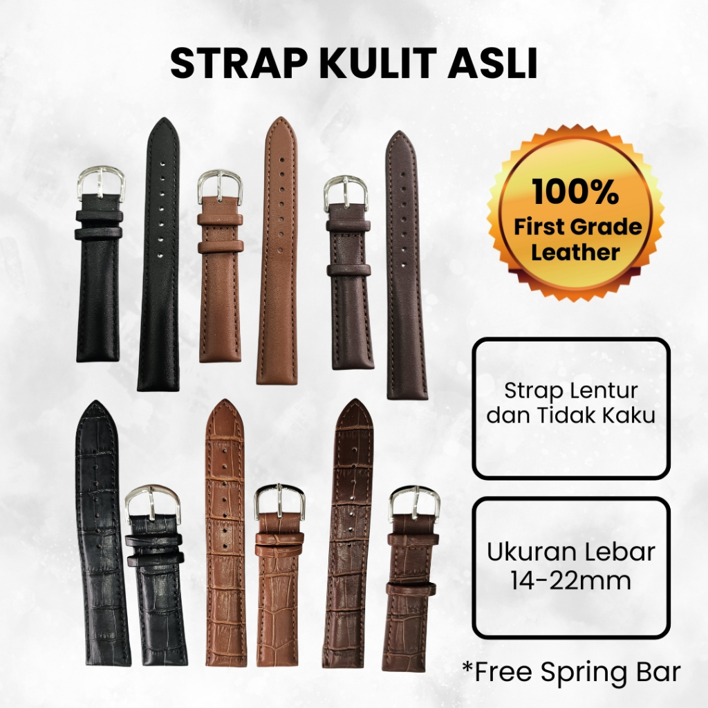 Strap Tali Jam Tangan Kulit Asli Ukuran 14 mm -22 mm First Grade Leather Motif Polos/Kulit Buaya