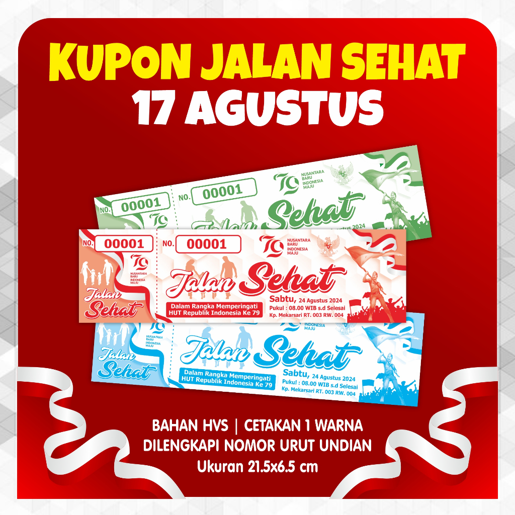 

Kupon Jalan Sehat | Kupon Jalan Santai | Kupon 17 Agustus | Karcis Jalan Sehat (Tanpa Minimal Order) Isi 50 lembar | Cetak 1 Warna