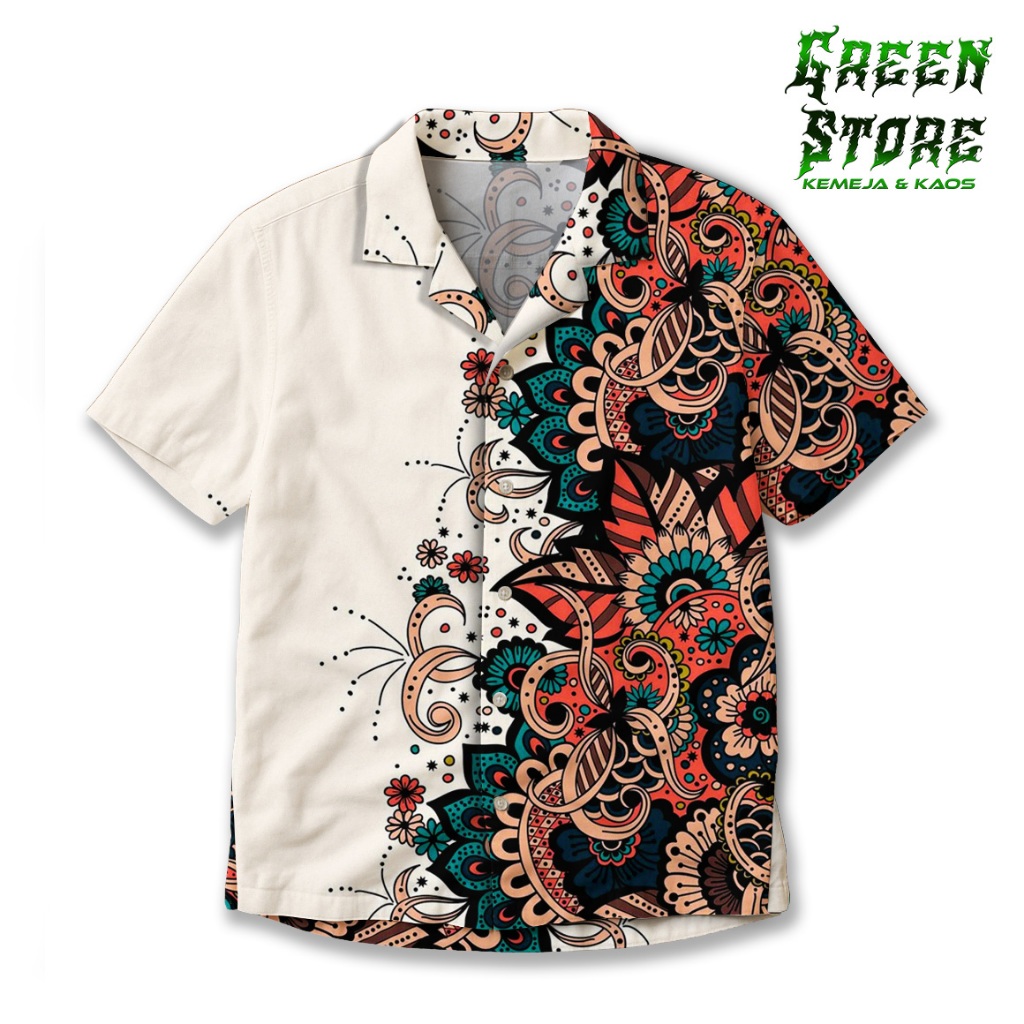 GREEN STORE Kemeja Pria Putih Motif Etnik Warna Lengan Pendek Distro Kasual GS-97