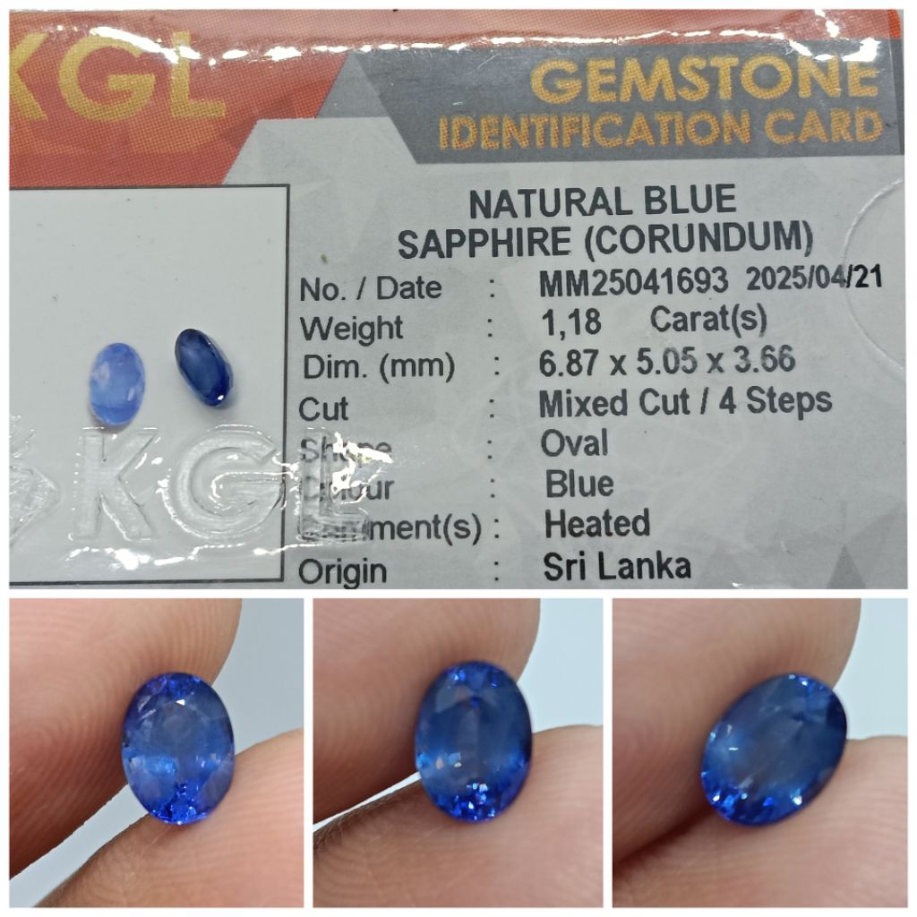 Natural sapphire Ceylon blue safir Srilanka 1,18ct Luster Bagus memo KGL