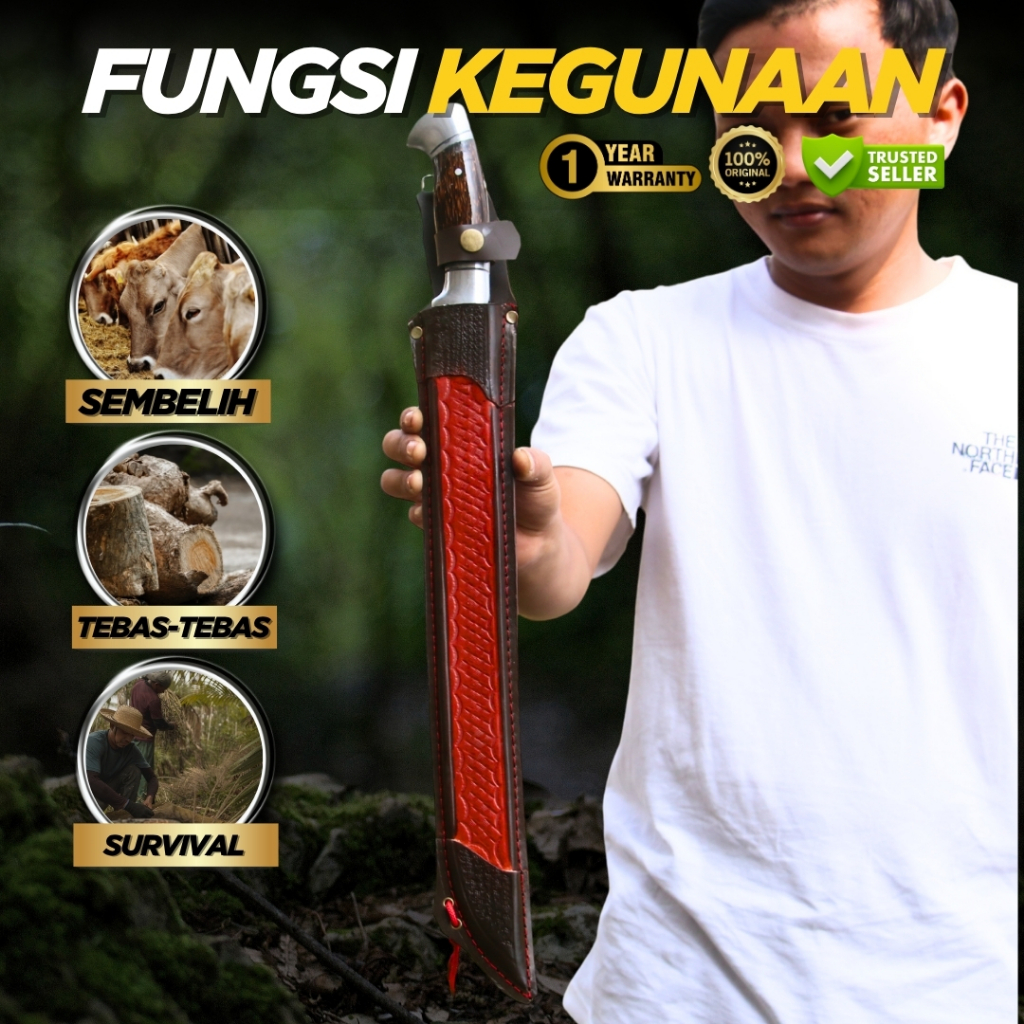 GOLOK Kebun Baja SI JAGO SARUNG KULIT MERAH PD Dijamin Bahan Baja Per Premium