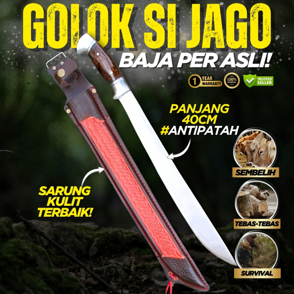 GOLOK KEBUN SI JAGO SARUNG KULIT MERAH Panjang Bilah 40 Cm | Perkakas Kebun Multifungsi Sembelih > G