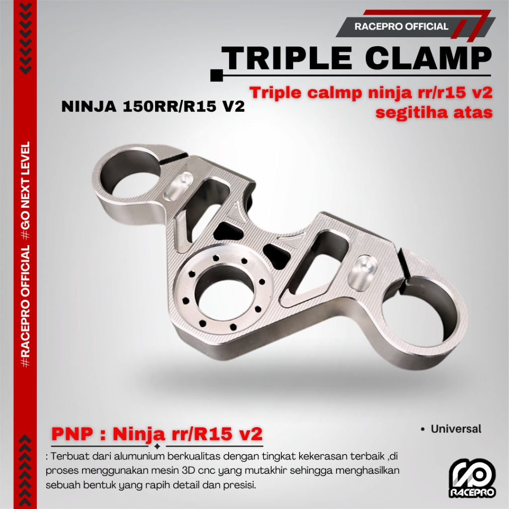 TRIPLE CLAMP NINJA 150RR & R15 V2 SEGITIGA ATAS RACEPRO FOR NINJA RR & R15 V2 TRIPLE CLAMP RACEPRO
