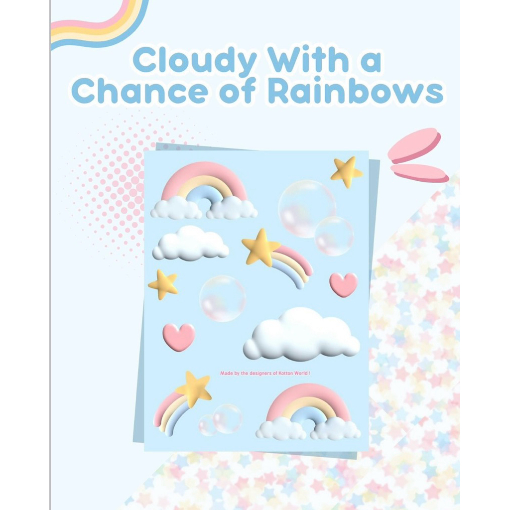 

Cloudy With a Chance of Rainbows Sticker Sheet | stickers, stiker jurnal, dekorasi jurnal, cute deco stickers, rainbows, sunshine, stars, decoration, journaling