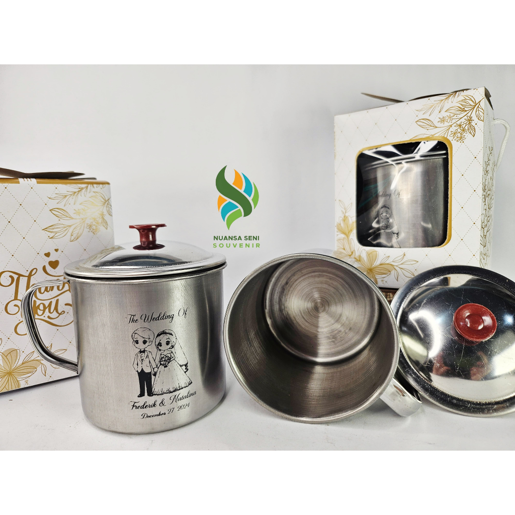 Souvenir Gelas Minum Retro Cangkir Enamel Stainless Tutup 9cm Mug Minum Anti Pecah Custom Sablon