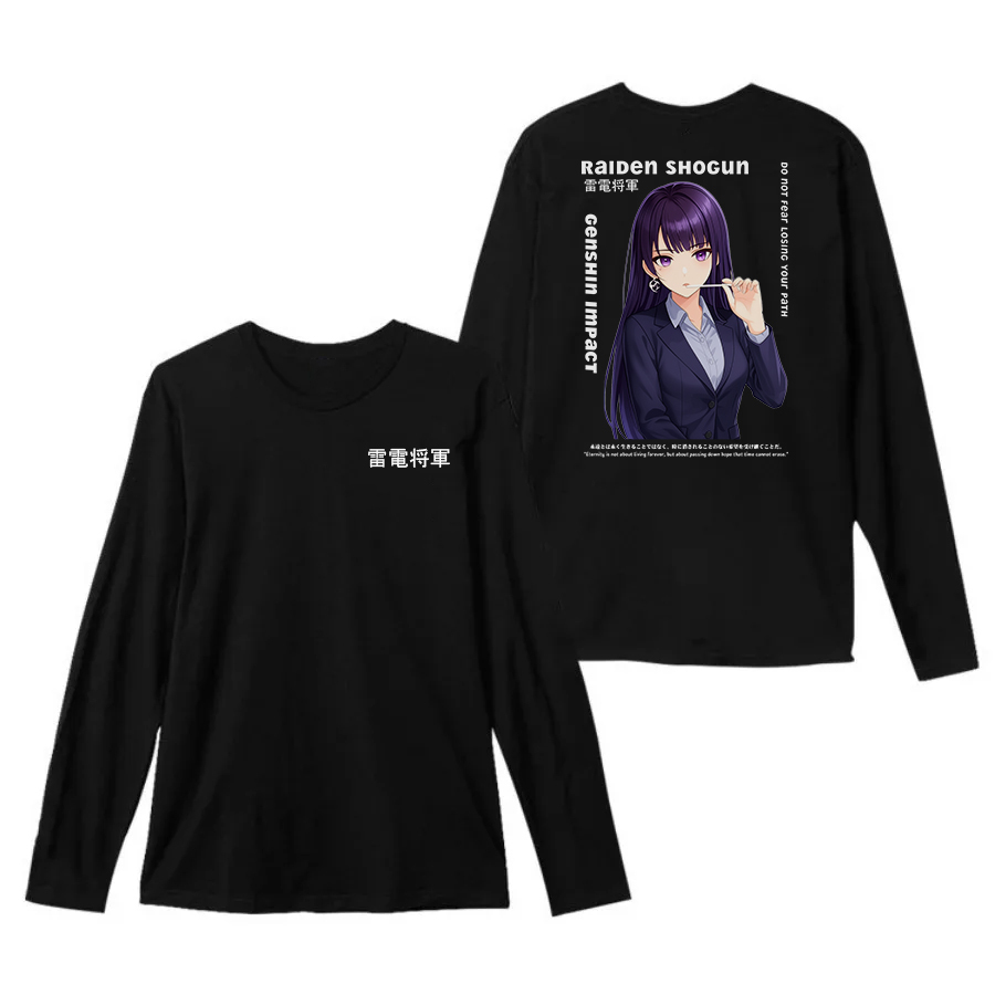 Kaos Crewneck Lengan Panjang Raiden Shogun Genshin Impact Katun Tebal Hitam Combed 24s Pria/Wanita T