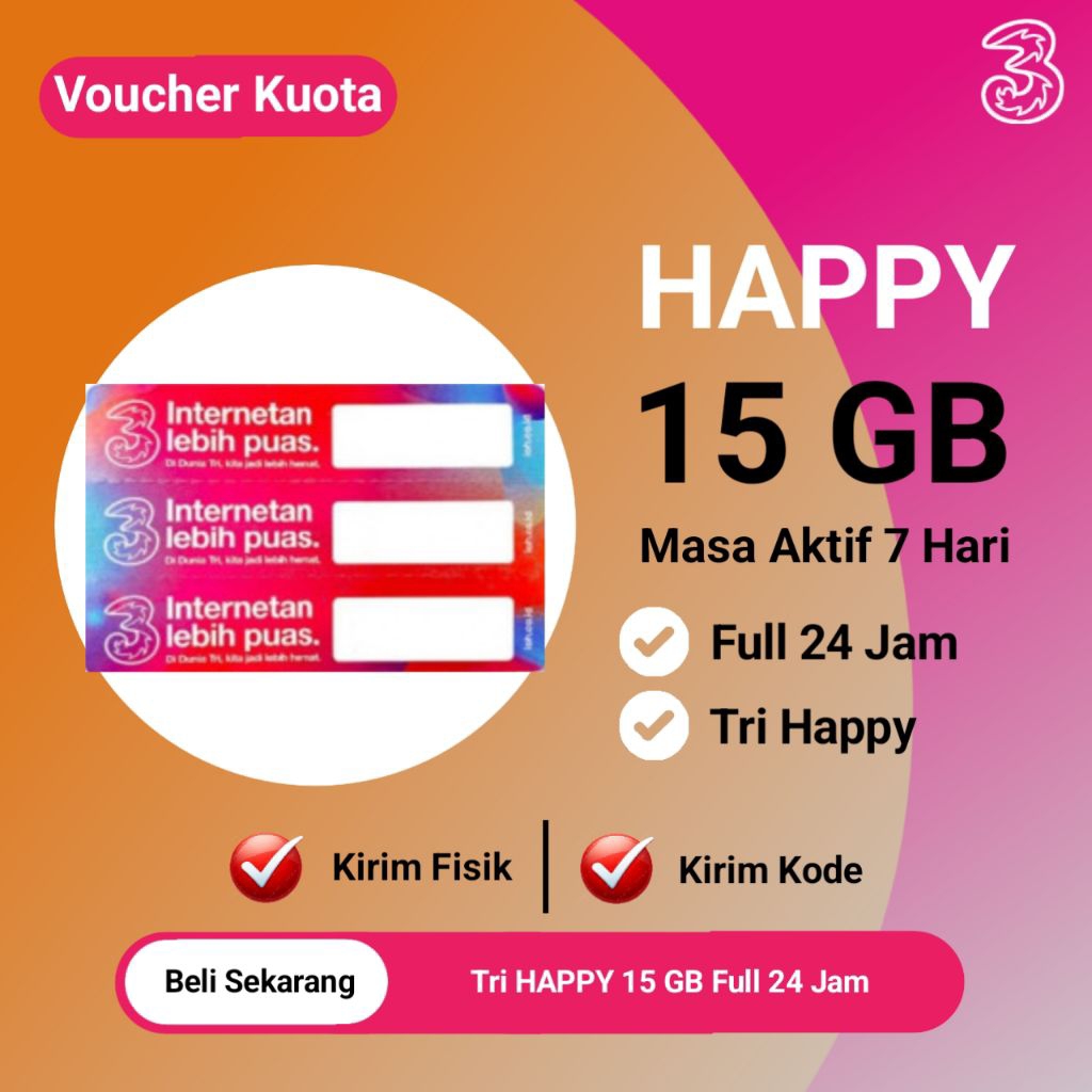 Voucher Kuota TRI Happy 15 GB - Voucher Data TRI Happy 15 GB 7 Hari Full 24 Jam - Paket Data TRI Hap