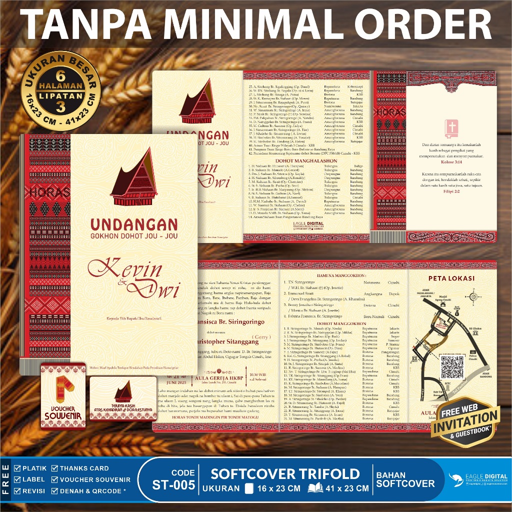 Undangan Pernikahan Batak Softcover 3 Lipatan / 6 Halaman | Paboru Paranak | Tanpa Minimal Order