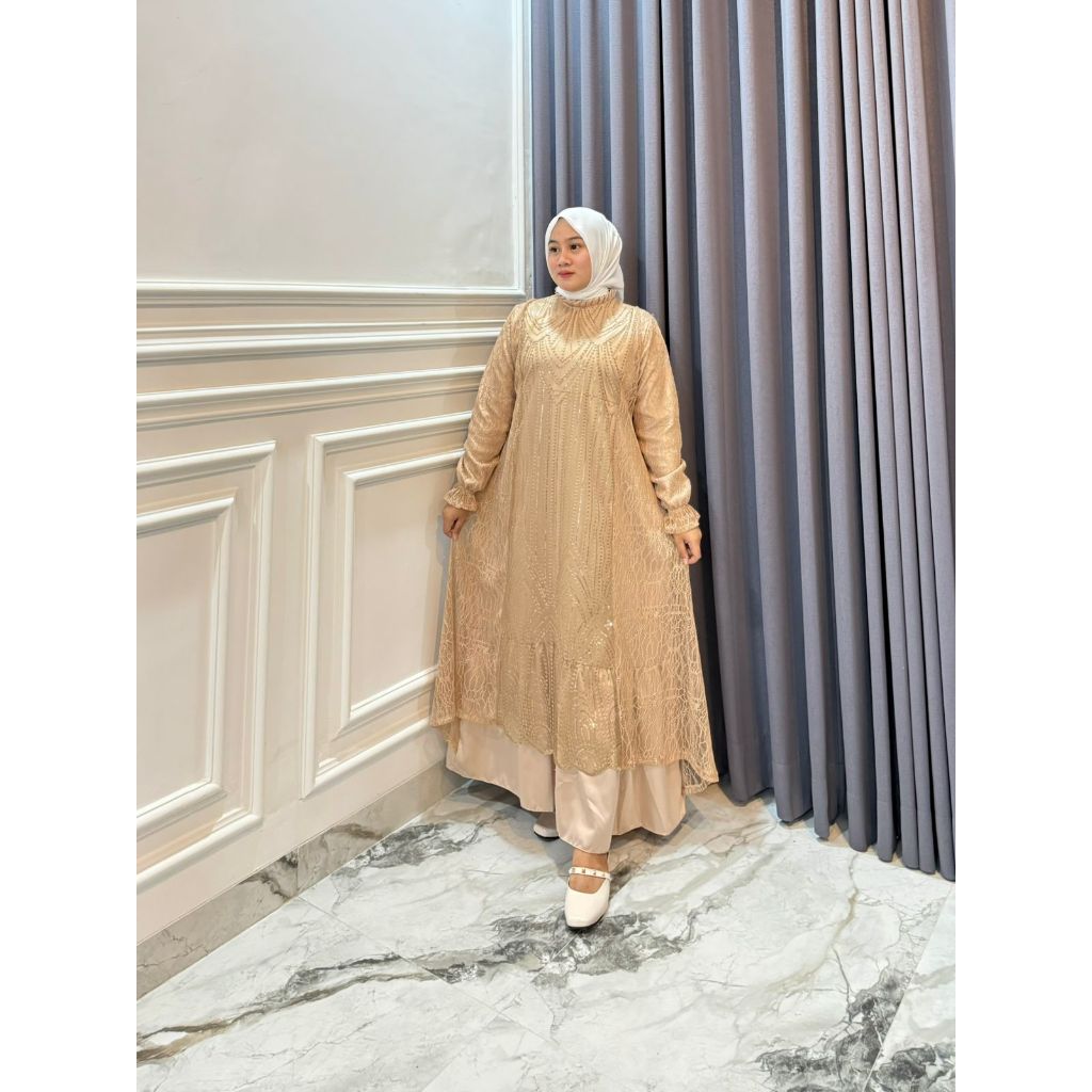 Gamis Wanita Mewah Model Kekinian Novy Dress Brukat Premium Kondangan Jumbo Baju Pesta Warna Coklat