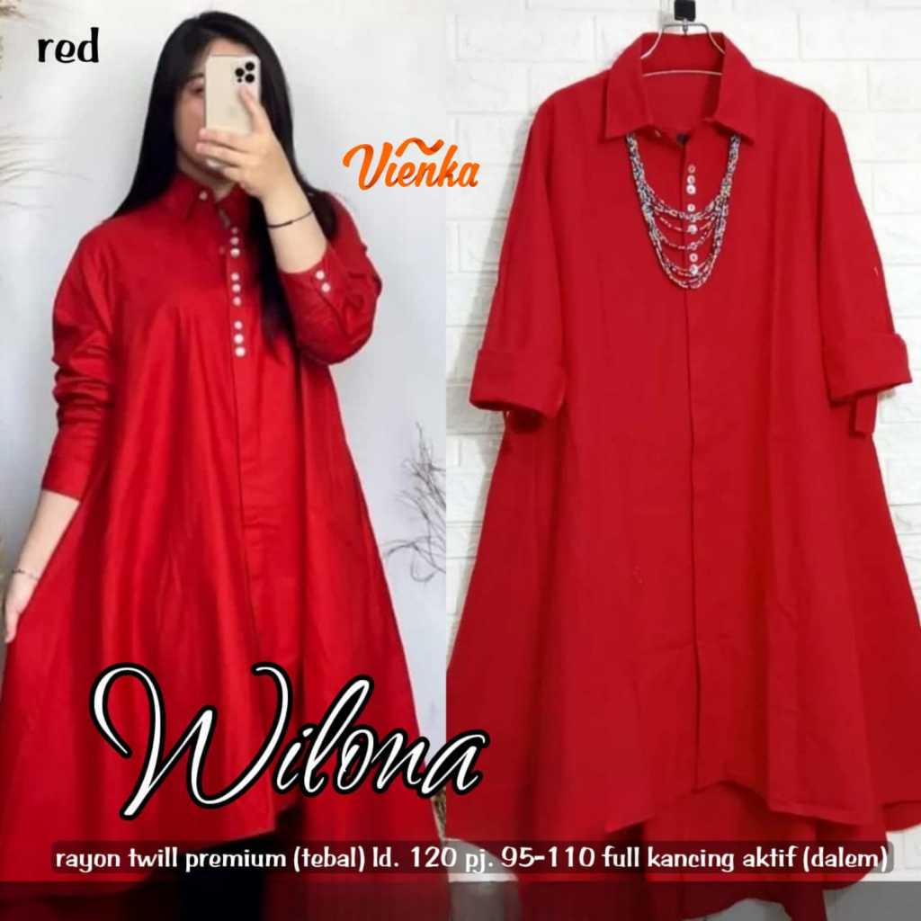 Kemeja Tunik Merah Putih Jumbo LD 120 Baju Atasan Wanita Rayon Twill Adem Nyaman/ Tunik HUT