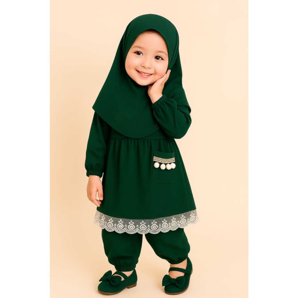 Setelan Gamis Hijab Alena Bayi Anak Balita Renda Katun Spandek Jersey 0-2 Tahun Hijau Botol Jotol