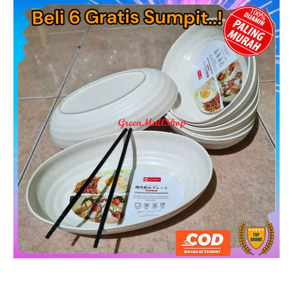 6 Pcs Piring Oval Plastik Hitam & Putih 9.5 Inch Japan Series Saji Lauk Aestetik Mangkok Serbaguna