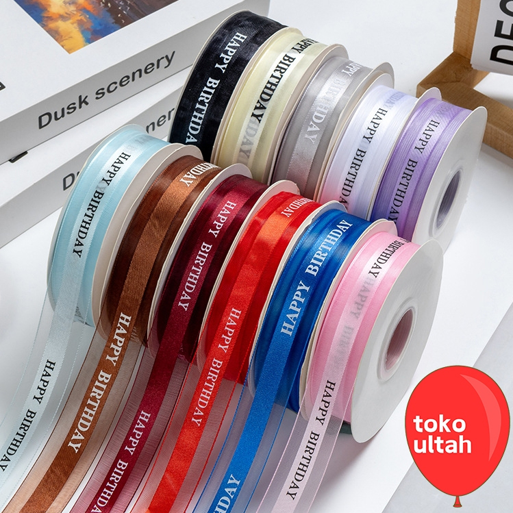

1 Roll Pita Satin 2.5cm x 41m Tulisan Happy Birthday / Best Wishes utk Dekorasi Box Kue, Kado, Buket