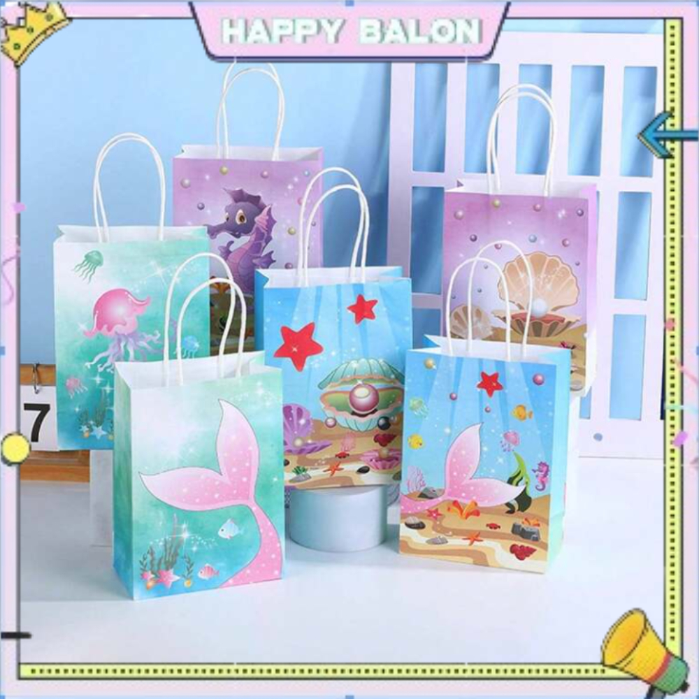

Tas Hadiah Kertas 6pcs Motif Ekor Putri Duyung Tas Kemasan Makanan Ringan Portabel Perlengkapan Pesta Ulang Tahun Tema Laut untuk Anak-anak
