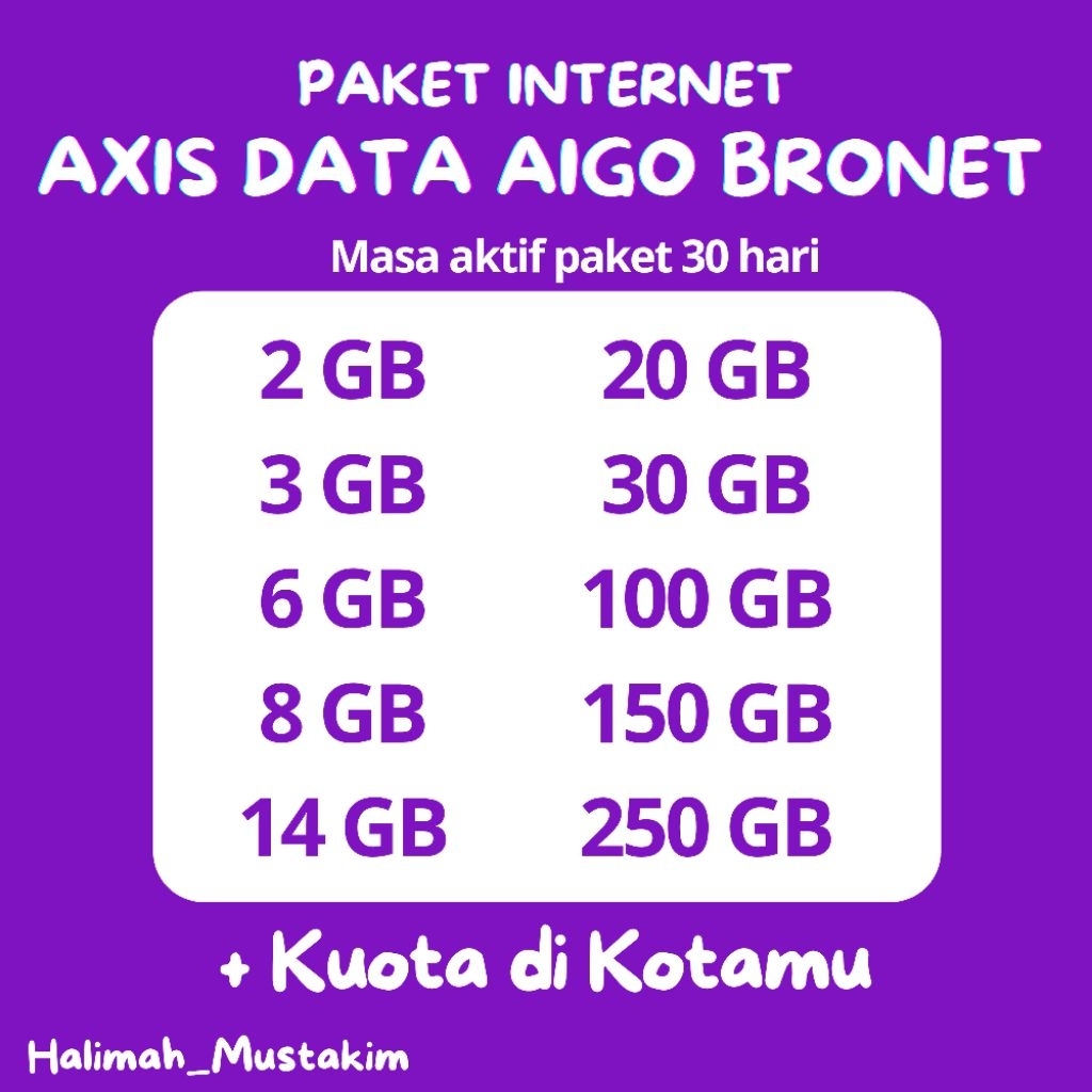 Paket Data / Kuota Internet Axis Data Aigo Bronet 28 hari