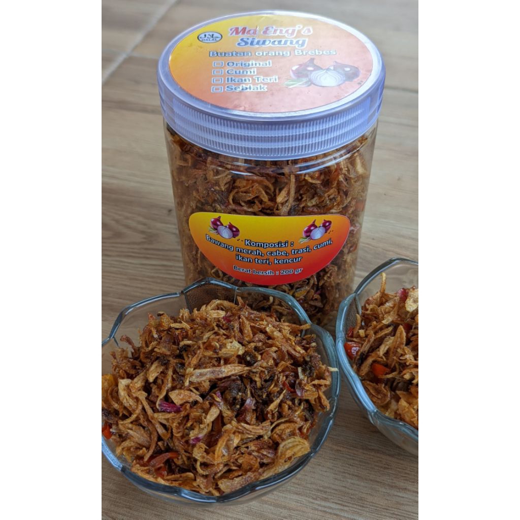 

Siwang, Bawang goreng pedas, Trasi bawang, Uyah prutuk, asli buatan orang Brebes,Ma eng's siwang, berbagai varian original,cumi kering,ikan teri,seblak