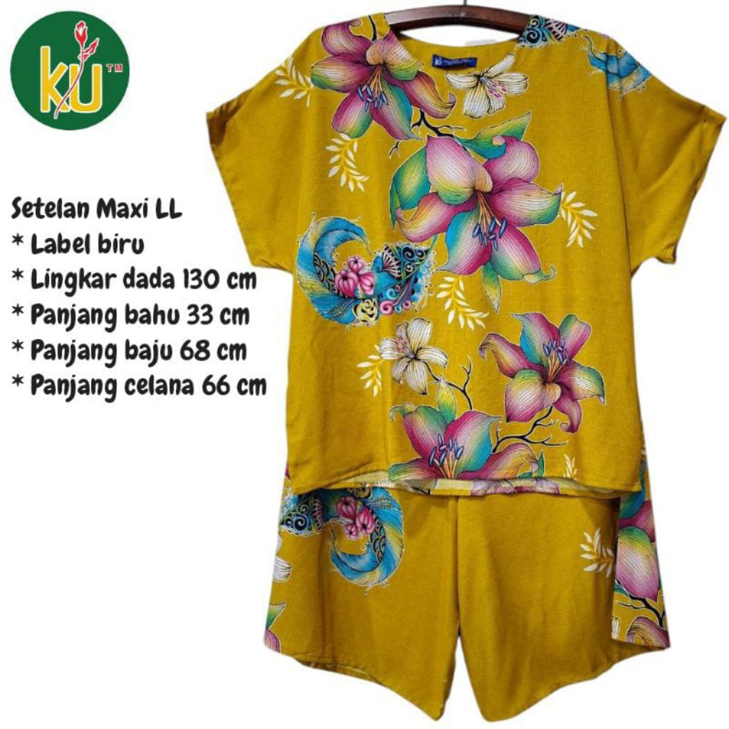 SETELAN CELANA KULOT SANTAI WANITA JUMBO SETELAN MAXI LL BATIK KENCANA UNGU LEBEL BIRU LD 140 STELAN