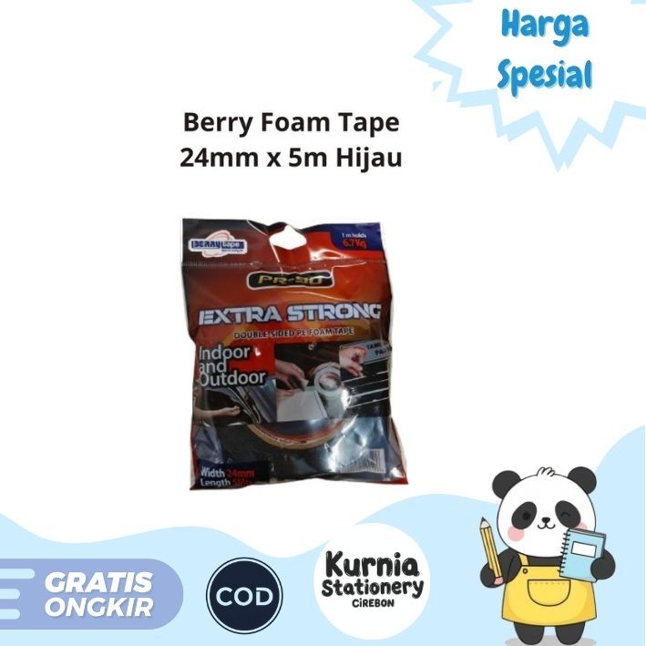 

Berry Foam / Double Side Tape Foam Berry / Lakban / Isolasi Dua Sisi 24mm x 5m Hijau ( Satuan )