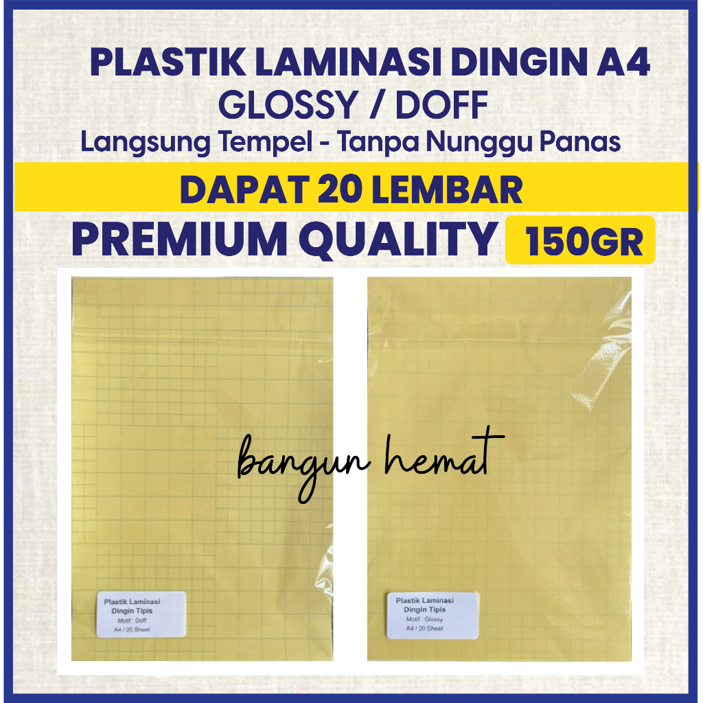

Plastik Laminasi Dingin A4+ 20 Lembar – Glossy dan DOFF Transparan Pelapis Kertas & Foto